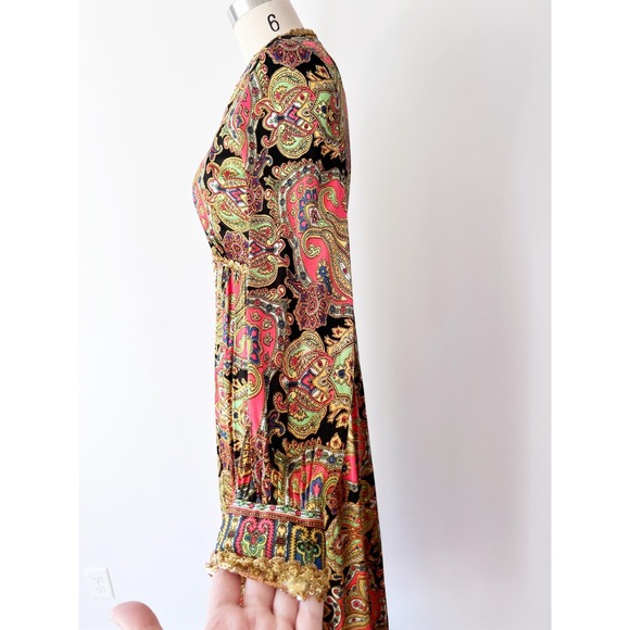 Vintage 70s Paisley Maxi Dress Pink Gold Sequin Trim Empire Waist Boho Gown - Picture 2 of 8